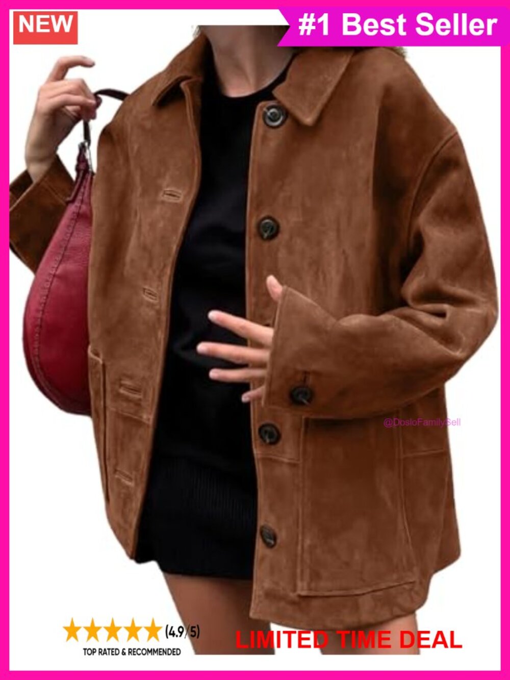 Women's Faux Suede Leather Midi Long Button Down Shacket Coat Boyfriend Fit